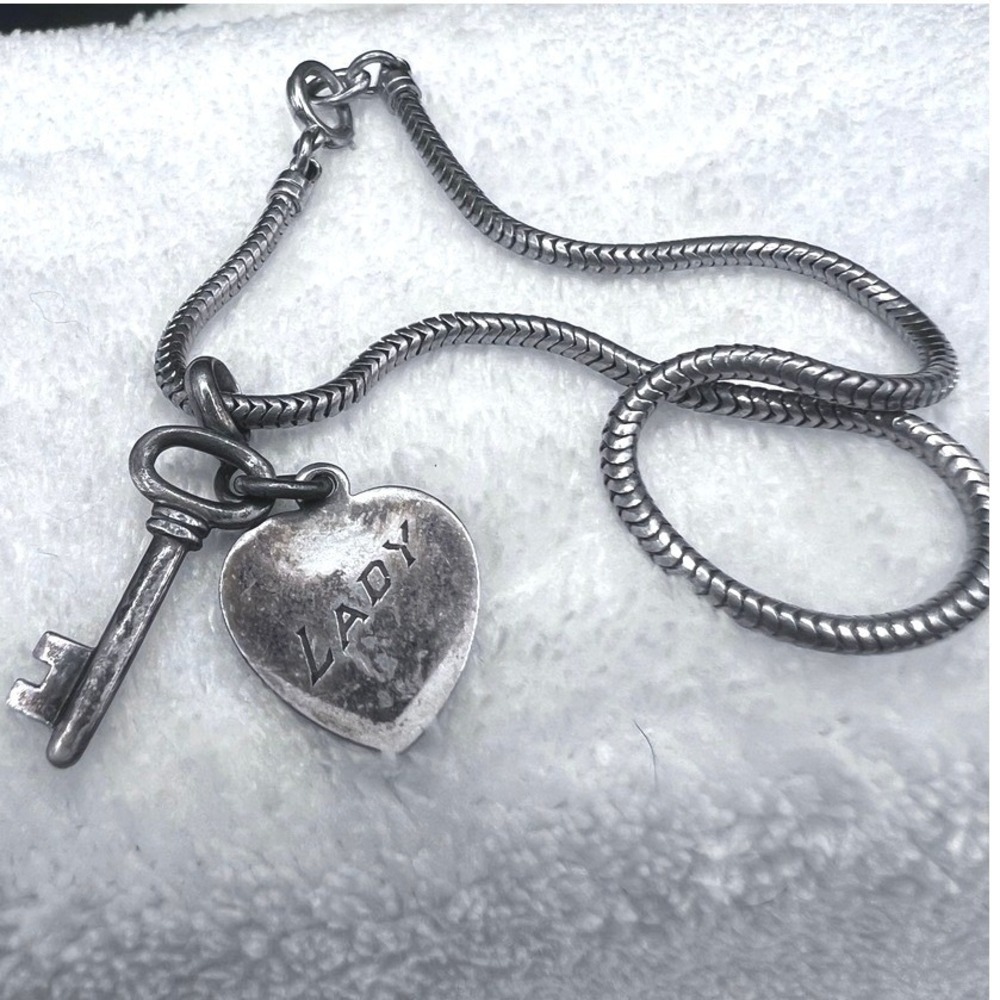 Vintage‎ Snake Chain Bracelet Heart Key Charms Engraved Lady Tupaz MCM 7.5" READ